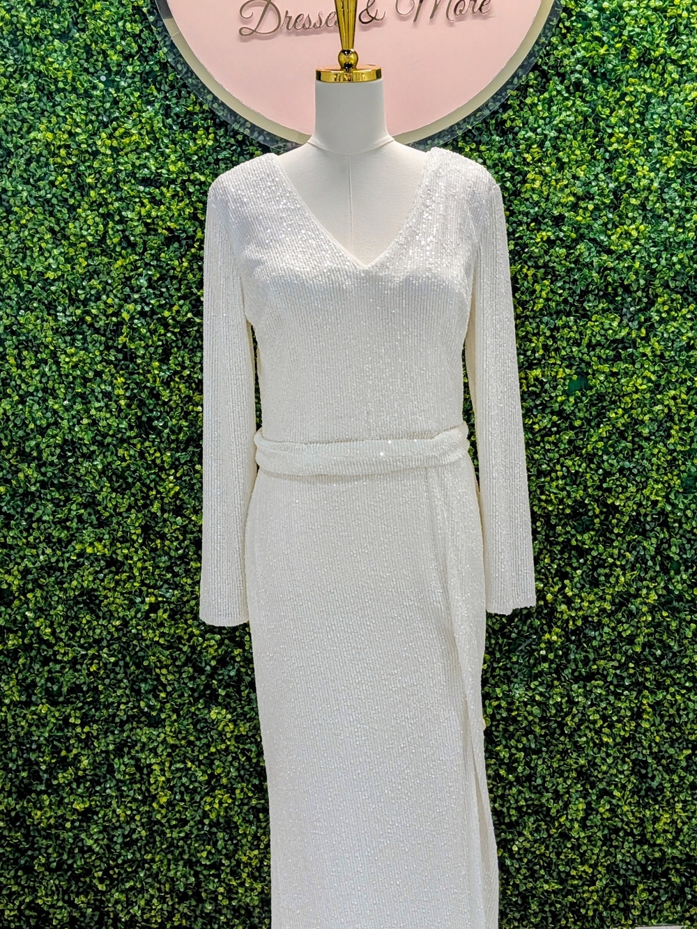 Elegant Long-Sleeve White Sequin Wrap Dress
